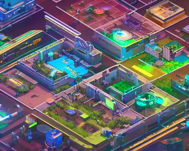 Image similar to isometric fictional 3 d land plot, moe art style inspired by cyberpunk 2 0 7 7, highly detailed map, realistic proportions, realistic lighting, hyperrealistic, octane render, unreal engine 5