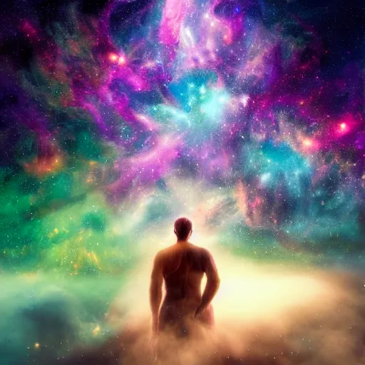 Image similar to photorealistic fantasy cosmic concept art of a cosmic god made out of nebulas and the cosmos hovering in a unknown galaxy, fully body portrait, cinematic, dynamic lighting, ultra detailed, creative, trending on art station, creative