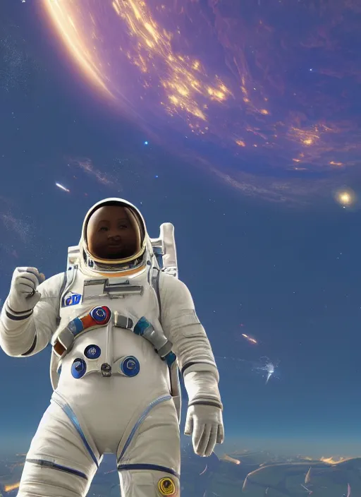 Image similar to Beautiful NASA astronaut in space, screenshot from Breath of the Wild, oil on canvas. Cinematic, hyper realism, realistic proportions, dramatic lighting, high detail 4k