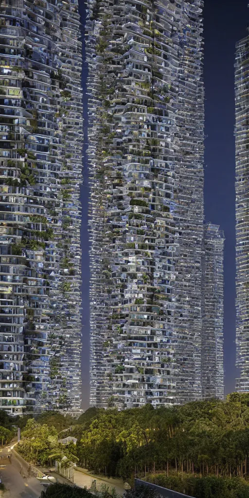 Prompt: elevational photo by Andreas Gursky at night of tall and slender futuristic mixed-use towers emerging out of the ground. Windows are glowing warmly. The towers are covered with trees and ferns growing from floors and balconies. The towers are bundled very close together and stand straight and tall. The towers have 100 floors with deep balconies and hanging plants. Cinematic composition, volumetric lighting, dark orange night sky, architectural photography, 8k, megascans, vray.