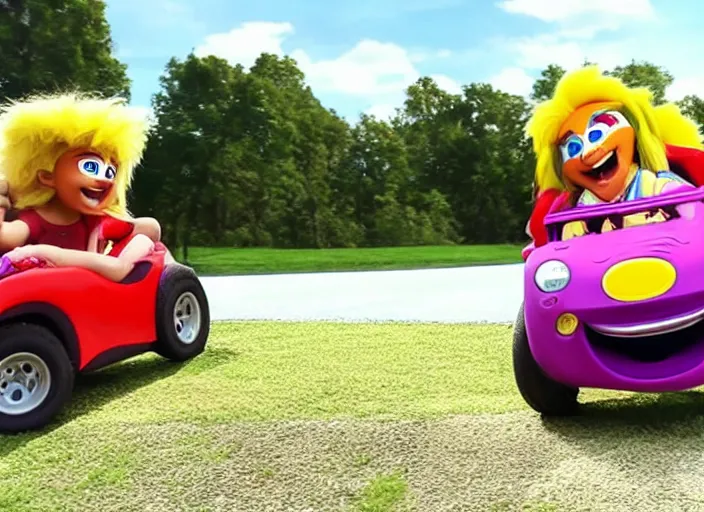 Image similar to the ultimate warrior driving a little tikes cozy coupe, movie still, from the new fast and furious movie, 8 k, realistic