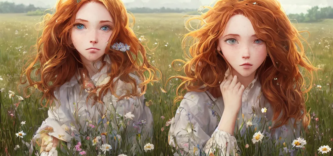 Image similar to a beautiful southern woman named Savannah, innocent, sad turquoise eyes, freckles, long ginger hair tied with white ribbon, relaxed in a field of flowers on a farm, gentle lighting, storm in the distance, somber, western clothing, dress, digital art by Makoto Shinkai ilya kuvshinov and Wojtek Fus, digital art, concept art,