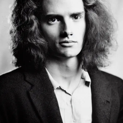 Prompt: full-face portrait of a typical person with waist-length incredible hair by Richard Avedon, beautiful hyper-detailed eyes, male with halo, aquiline nose, nd4, 85mm, perfect location lighting