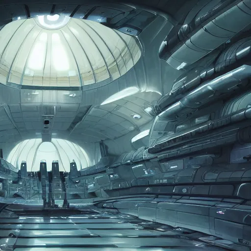 Image similar to one thousand aligned cryogenic pods, spaceship hangar, symmetrical, sci-fi, cryogenic pods, many cryogenic pods, interior, fantasy, 4k, wide shot, matte painting, oil painting, concept art, art station, style of Eliran Kantor