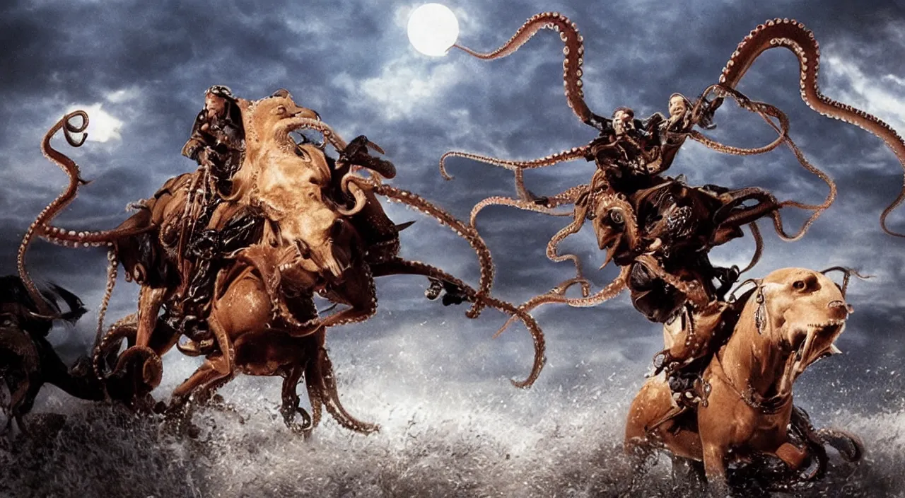 Image similar to an octopus riding a horse leading the charge, epic, John Carpenter