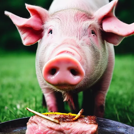 Image similar to photo of pig eating steak, 5 0 mm, beautiful photo