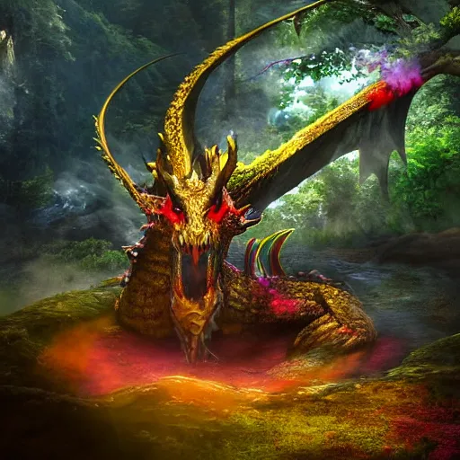 Prompt: highly detailed photograph of a dragon in a steaming colorful hotspring with woodland forest backdrop, featured on artstation