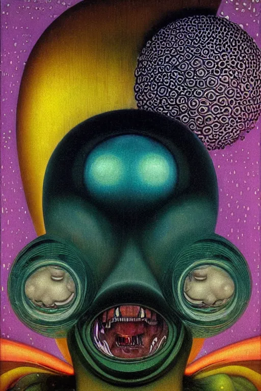 Prompt: 8 0 s art deco close up portait of mushroom head with big mouth surrounded by spheres, rain like a dream oil painting curvalinear clothing cinematic dramatic cyberpunk fluid lines otherworldly vaporwave interesting details epic composition by basquiat james jean artgerm rutkowski moebius francis bacon gustav klimt