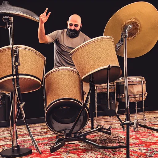 Image similar to bald arab guy with a beard playing a drum solo on a large drum kit, cinematic style, symmetric, highly detailed, ornate, intricate, realistic