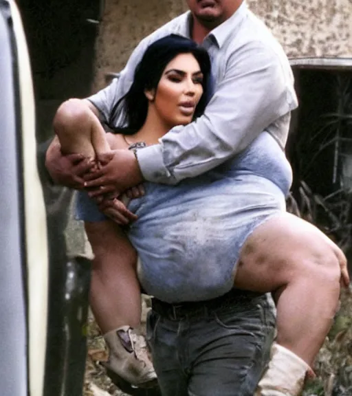 Image similar to Pablo Escobar carrying kim kardashian into a derelict mafia mansion