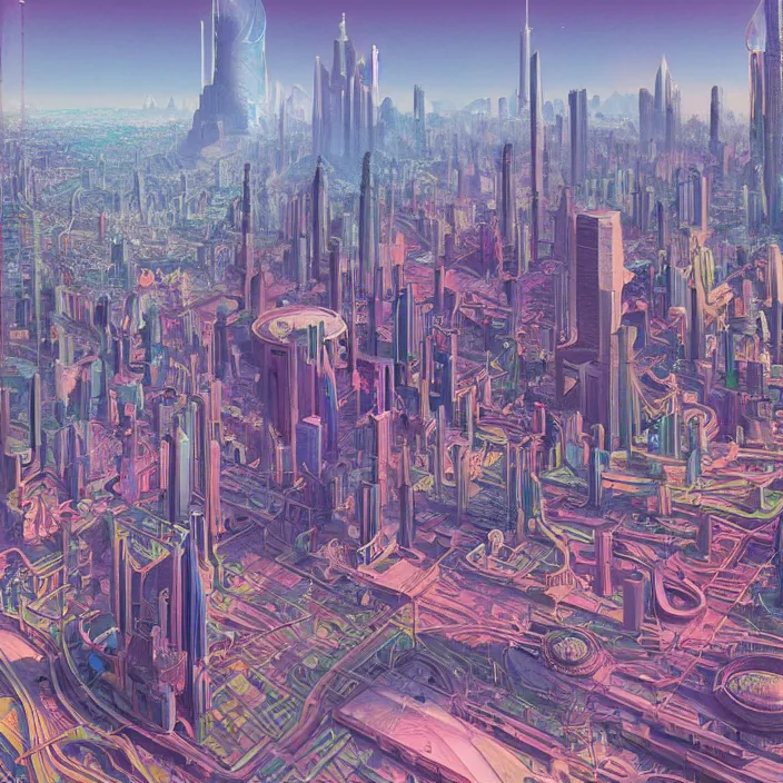 Image similar to city skyline, science fiction, extremely detailed, sharp focus, pastel colors, intricate, beautiful, illustration, volumetric lighting, digital painting, by roger dean, by simon stalenhag, by alex grey