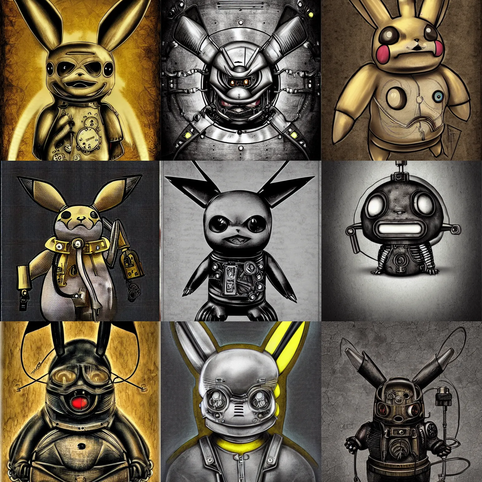 Prompt: Pikachu steampunk, Giger style, brutal, portrait