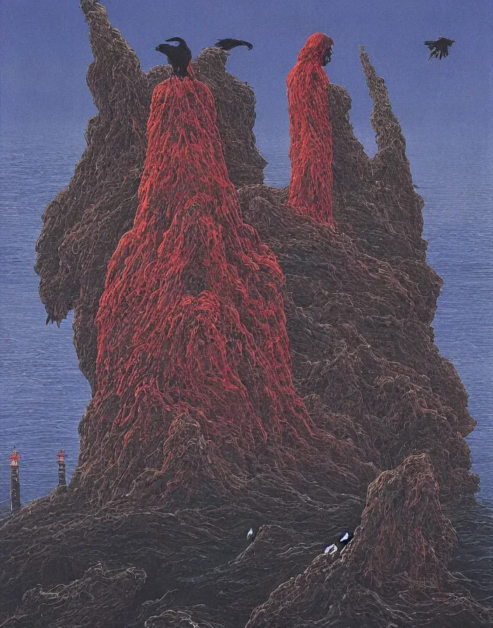 Image similar to worshippers in robes belonging to the cult of the lighthouse standing in waves with ravens flying overhead, a lighthouse, ravens, high detailed beksinski painting, part by adrian ghenie and gerhard richter. art by takato yamamoto and gerald scarfe. masterpiece, dark and moody, deep colours, blue