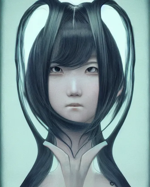 Image similar to touka a japanese woman, half body portrait, long black hair, smiling, female beauty, symmetrical face hyperrealism, backlit, pastel color gradients, by keathe butcher and joe fenton and greg rutkowski, soft lighting, soft shapes, gentle curves, sharp details