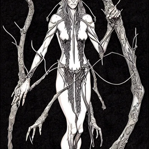 Prompt: centered elven witch,intricate, veins, by Hugo pratt, ultradetailed, charachter design, concept art,