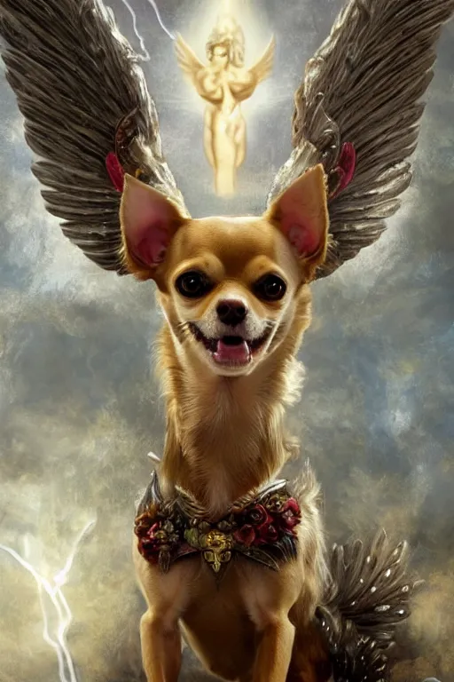 Prompt: a Chihuahua as god with a radiant halo and wings, detailed face, gorgeous, flowing hair, very muscular male body, partial anatomy, stormy and grand war scene, delicate and intricate borders for decoration, caesar victorious, proud Emperor, split lighting, character close-up, intricate, highly detailed, 8K, digital painting, fantasy, concept art, sharp focus, art by greg rutkowski beeple and alphonse mucha