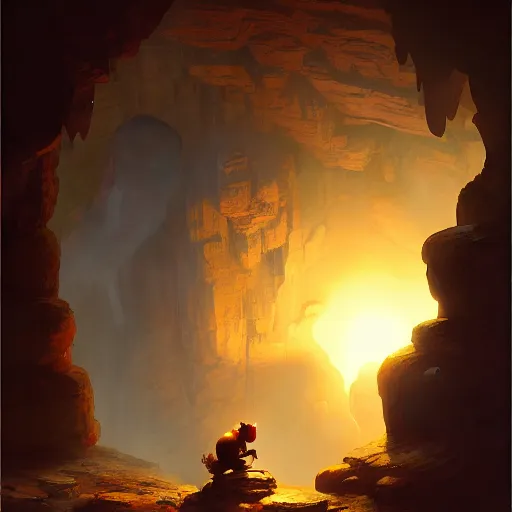 Image similar to happy pepe the miner in the cave, greg rutkowski