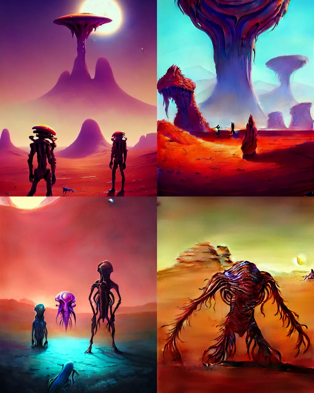 Prompt: vibrant alien creatures in a desert landscape, surreal concept art, lifelike, photorealistic, digital painting, aesthetic, film grain, sharp focus, artstation hd, by greg rutkowski, bruce pennington, valentina remenar and asher duran,