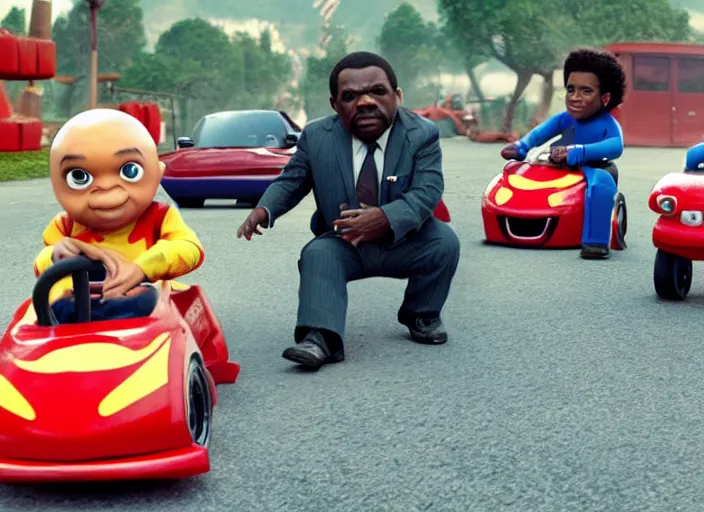 Image similar to peter dinklage racing gary coleman driving a little tikes cars, movie still, from the new fast and furious movie, 8 k, realistic