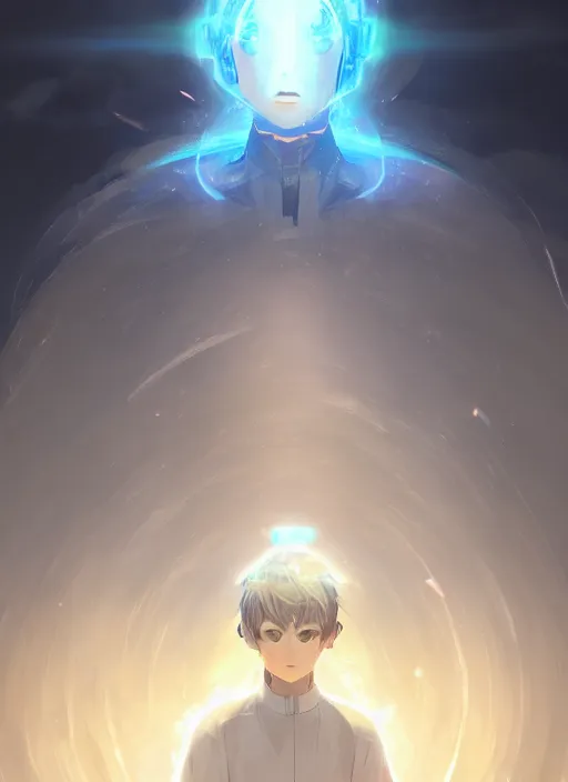 Image similar to a portrait of elemental light - kun with halo around his head, shiny, intricate, tone mapped, ambient lighting, highly detailed, digital painting, artstation, concept art, 4 k, god rays, stunning beautiful, glowing eyes, sharp focus, by makoto shinkai and akihiko yoshida and hidari and wlop