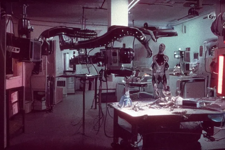 Image similar to a scary filmic wide shot color ground level angle movie still 35mm film photograph of the full body of a dangerous shape shifting alien creature, with multiple mutated snarling drooling human faces with a grotesque variety of human and animal limbs protruding from its lower torso inside of a 1970s science lab, neon lights, dirty, ektachrome photograph, volumetric lighting, f8 aperture, cinematic Eastman 5384 film