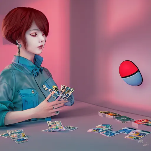 Image similar to jimin playing with pokemon cards, in the style of james jean, artstation trending, 8 k, 3 d render, photorealistic, volumetric lighting caustics, pink