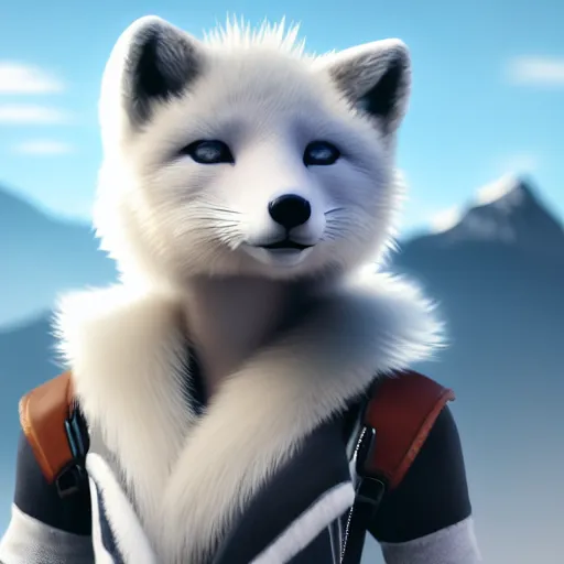 Prompt: cutscene screenshot of an anthropomorphic Arctic Fox rendered as a modern Final Fantasy character, octane engine, trending on artstation