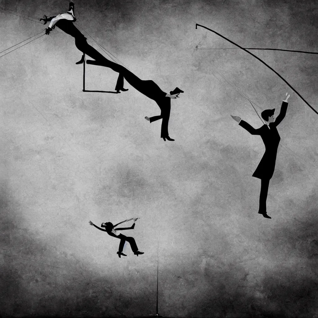 Prompt: a tightrope walker falling down. artwork, surrealist, metaphysical, metaphorical, ephemeral, atmospheric, symbolic art.