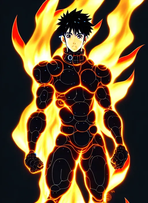 Image similar to a detailed manga full body portrait illustration of a dark haired cyborg anime man surrounded by fire by hirohiko araki, detailed artwork, realism, 4 k resolution, detailed, high quality, sharp focus, hq artwork, insane detail, volumetric lighting, character concept art, fine details, clear subject, central subject