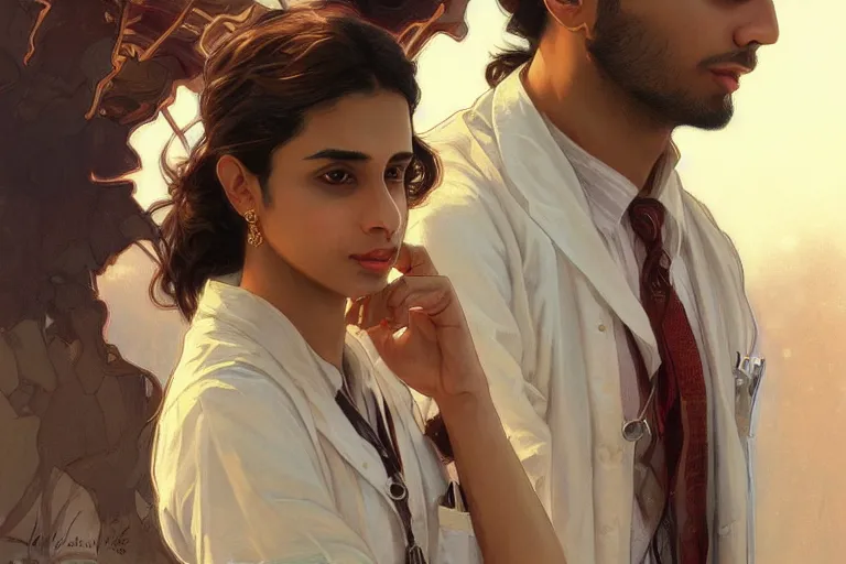 Image similar to Anxious good looking pale young Indian doctors wearing American clothes at the airport, portrait, elegant, intricate, digital painting, artstation, concept art, smooth, sharp focus, illustration, art by artgerm and greg rutkowski and alphonse mucha