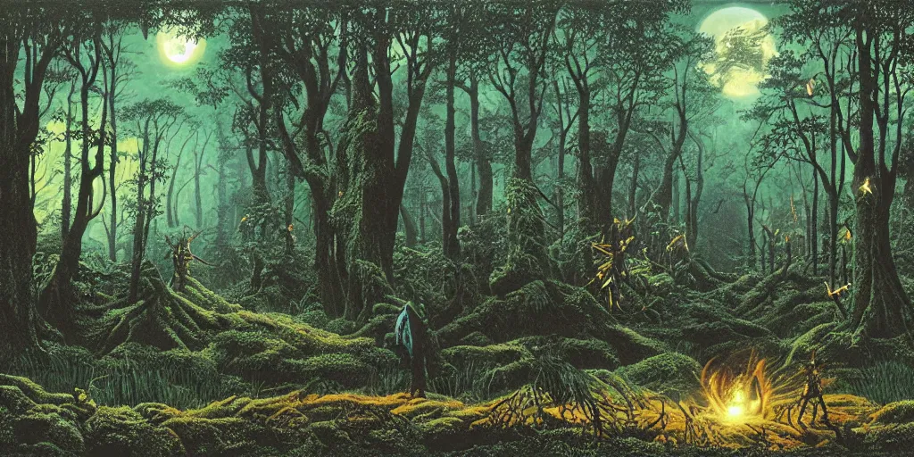 Prompt: Artwork by Tim White of the cinematic view of the Woodland of the Dark Lord.