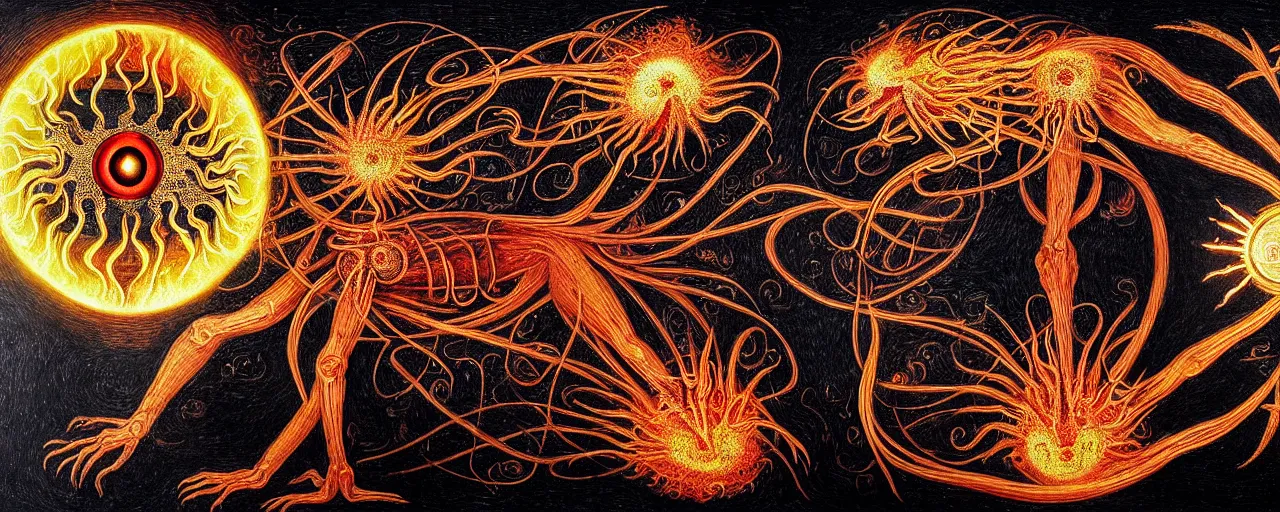 Image similar to a strange fire creature with endearing eyes radiates a unique canto'as above so below'while being ignited by the spirit of haeckel and robert fludd, breakthrough is iminent, glory be to the magic within, in honor of saturn, painted by ronny khalil