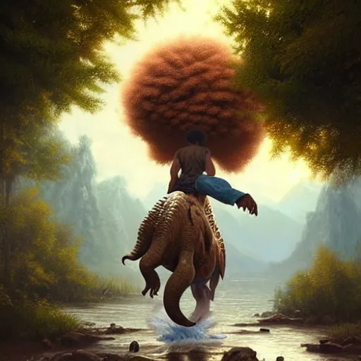 Image similar to bob ross!!! riding!!! a dinosaur!!, giant afro!, model pose, ultra realistic, concept art, intricate details, highly detailed, photorealistic, octane render, 8 k, unreal engine. art by artgerm and greg rutkowski and alphonse mucha