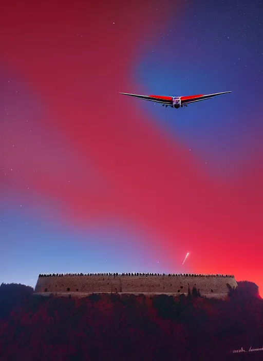 Image similar to no man's sky freighter over forte belvedere, red and blue hour, by ismail inceoglu