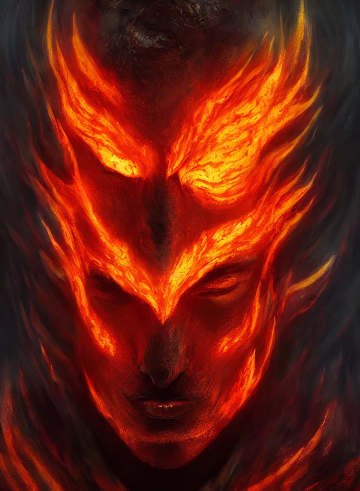 Image similar to a face portrait of a fire elemental from skyrim, fantasy setting, explosive fiery face, dim colors, soft lighting, atmospheric, cinematic, moody, in the style of diego koi, gina heyer, luiz escanuela, art by alyssa monk, hyperrealism, rule of thirds, golden ratio, oil on canvas, 8 k