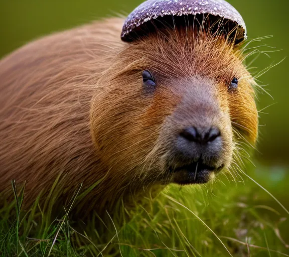 Image similar to a portrait of capybara with a mushroom cap growing on its head by luis royo. intricate. lifelike. soft light. sony a 7 r iv 5 5 mm. cinematic post - processing