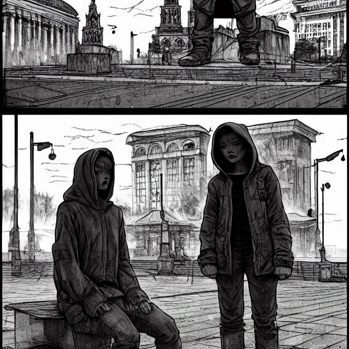 Image similar to storyboard : sadie sink in hoodie sits on bench in ruined square, pedestrians walk by, soviet monument and propaganda posters. scifi cyberpunk. by gabriel hardman. cinematic atmosphere, detailed and intricate, perfect anatomy