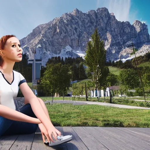 Prompt: digital drawing of a female software developer sitting outside in front of a modern campus building with beautiful mountains in the background, digital art, summer, alps, 4k, unreal, digital health, cartoon, unreal engine