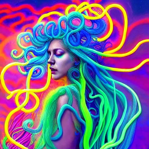 Image similar to A sea goddess with neon tentacles hair having an extremely colorful psychedelic experience, warping time and space, magic mushrooms, psilocybin, LSD, face, detailed, intricate, elegant, highly detailed, digital painting, artstation, concept art, smooth, sharp focus, illustration, art by Krenz Cushart and Artem Demura and alphonse mucha, Octane render, unreal engine, 8K