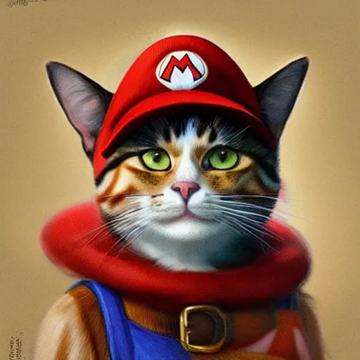 Image similar to Portrait of a Cat dressed as Super Mario, Mario hat, kawaii aesthetic, nintendo, box art, highly detailed, digital painting, artstation, concept art, smooth, sharp focus, illustration, art by artgerm and greg rutkowski and alphonse mucha