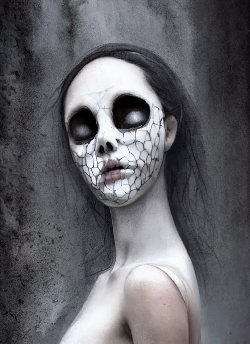 Prompt: close up of a veiled half scull mask girl on the ruins temple, looking at the camera very curiously, fingers on lips, smog on the floor, extremely beautiful and aesthetic and attractive and cute detailed face and body, intricate, chiaroscuro, model pose, fantasy illustrations, vogue cover, by makoto shinkai and jeremy lipking and ferdinand knab