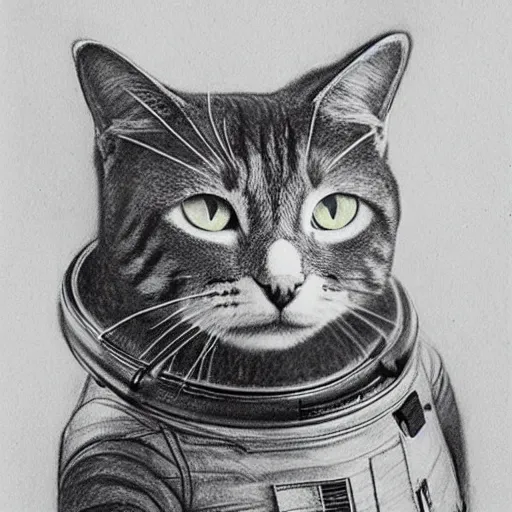 Image similar to a cat wearing a spacesuit, photorealistic pencil art