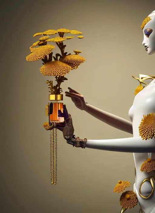 Prompt: mannequin carrying perfume bottle, biomechanical gold corals daisies rhizomorphs in an ivory room well contoured smooth fair walls, up close shot, sharp focus, global illumination, radiant light, alexandre ferra white mecha, irakli nadar, octane highly render, 4 k, ultra hd,