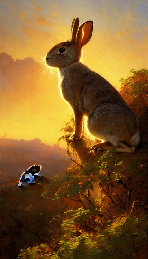 Image similar to hyper realistic rabbit looking off of a cliff, sun setting behind rabbit, lush forest in valley below, painted by gaston bussiere, craig mullins, j. c. leyendecker 8 k