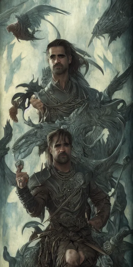 Image similar to colin farrell, tattoos, dungeons and dragons, fame of thrones masterpiece by edgar maxence and ross tran and michael whelan, gustav dore, 8 k, octane render