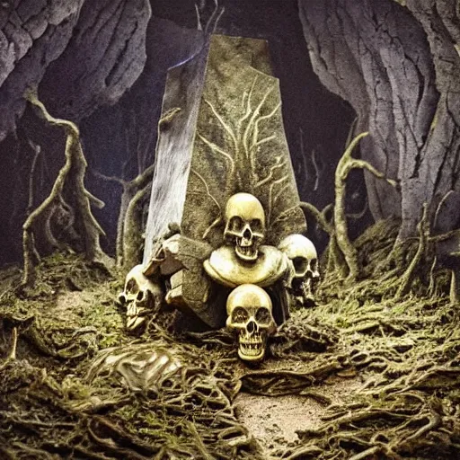 Prompt: A beautiful sculpture of a coffin being carried by six men through an ethereal, otherworldly landscape. The coffin is adorned with a relief of a skull and crossbones, and the men are all wearing hooded cloaks. The landscape is eerie and foreboding, with jagged rocks and eerie, glowing plants. DayGlo blue, gold by Ted Nasmith improvisational