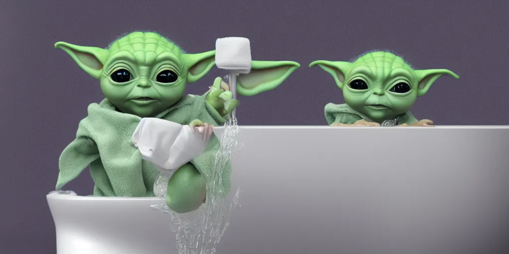 Prompt: Baby Yoda sitting in a tub taking a bubble bath, hyperdetailed, artstation, cgsociety, 8k