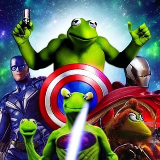 Image similar to the avengers battle one kermit the frog in space, galaxy, hd, 8 k, explosions, gunfire, lasers, giant, epic, colorful, realistic photo, unreal engine, stars, prophecy, powerful, cinematic lighting, destroyed planet, debris, justice league, movie poster, violent, sinister, ray tracing, dynamic, print, epic composition