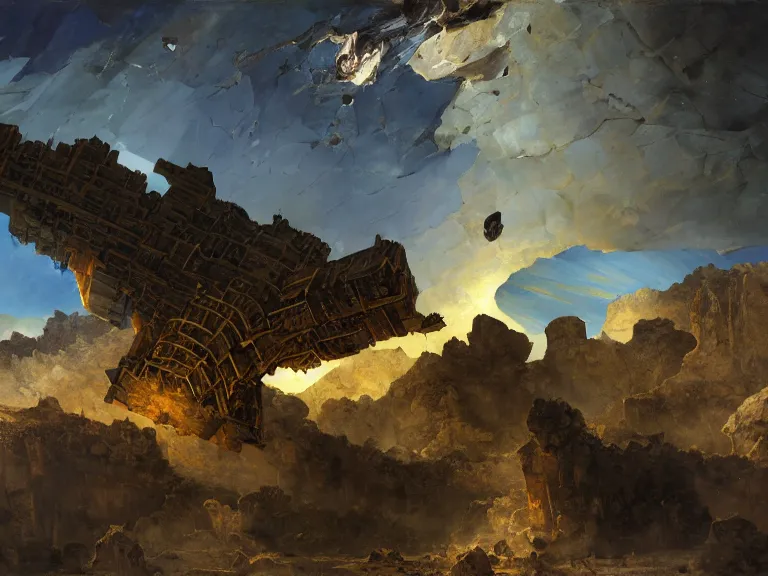 Prompt: an oil painting of a cracked plane on an alien planet and a large fractal cube by carl spitzweg and tuomas korpi. baroque elements, full-length view. baroque element. intricate artwork by caravaggio. Trending on artstation. 8k