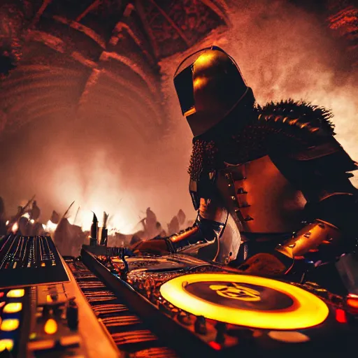 Image similar to photograph of a dubstep dj in holy templar knight armor djing during a medieval party, 8 k resolution, high detail